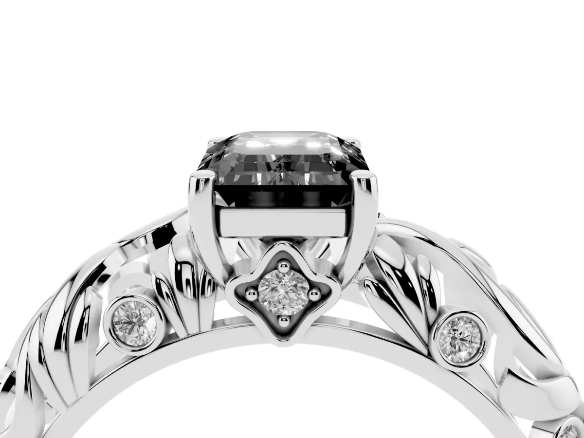Fancy Black Emerald Cut Solitaire Diamond Leaf-Inspired Vine Band Ring with Prong Setting White gold