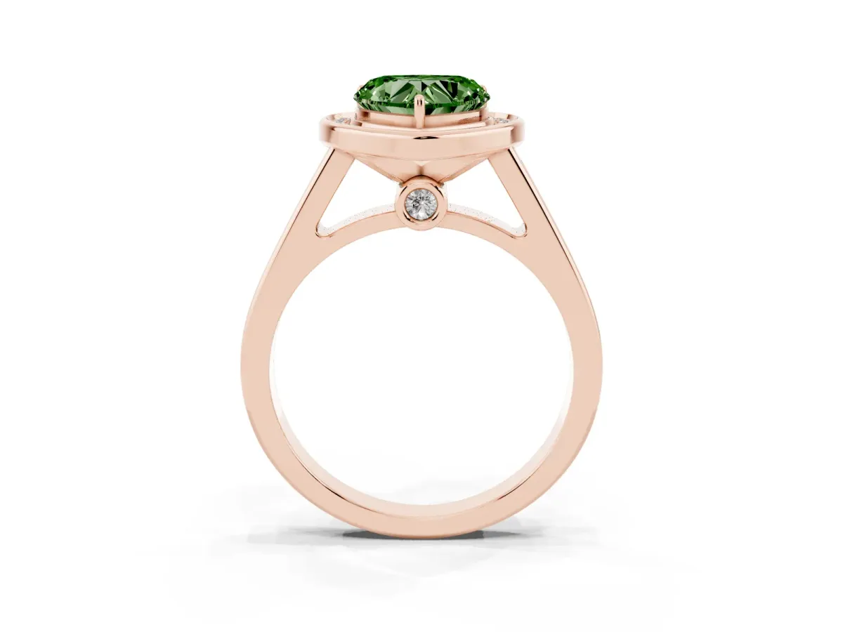 Fancy Green Heart Cut Halo Solitaire Diamond Ring with Pave Band and Bezel Setting Rose gold