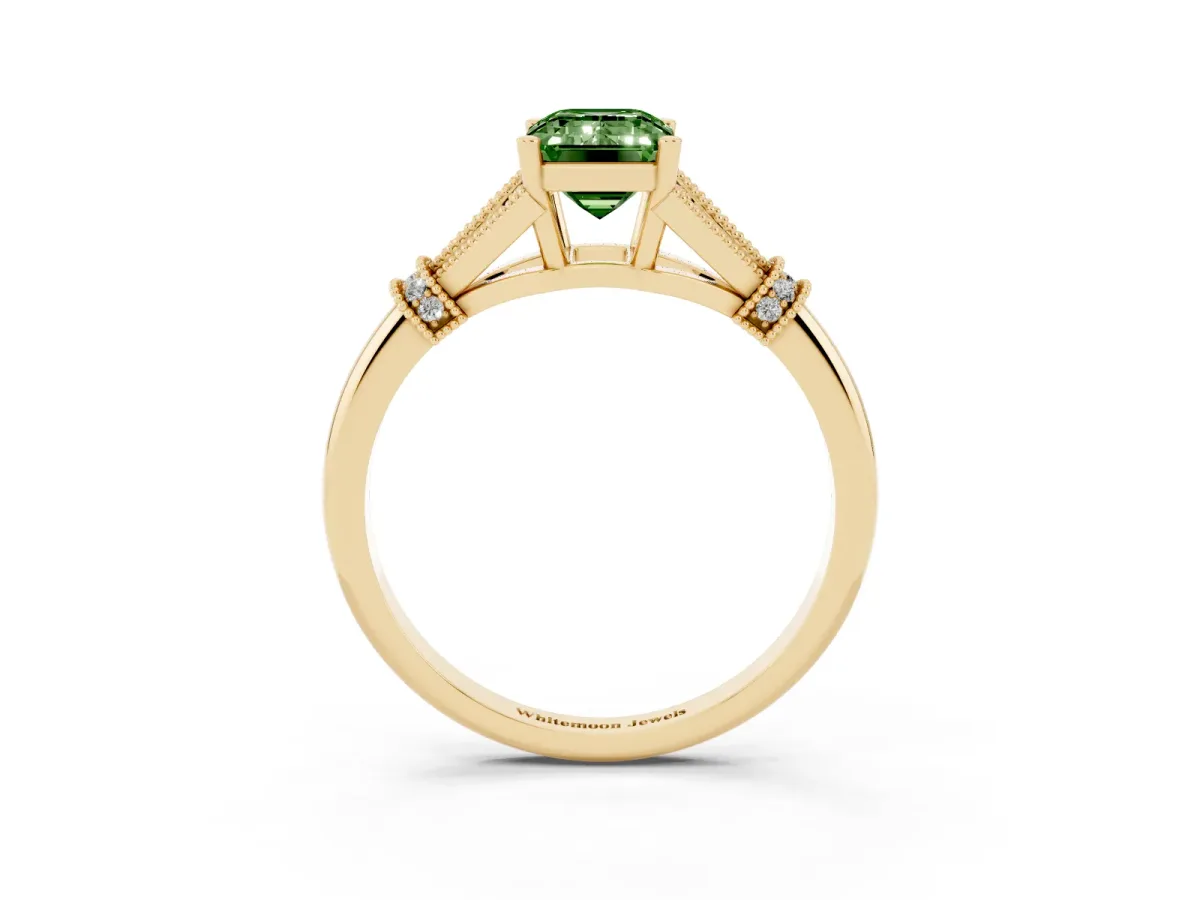 Fancy Green Emerald Cut Diamond Solitaire Ring with Floral Filigree and Pave Accents Yellow gold
