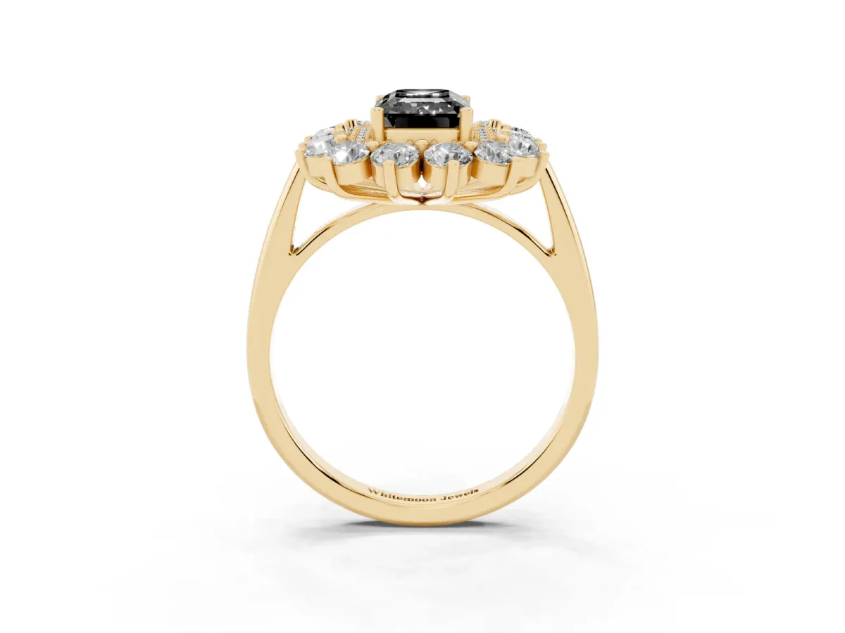 Fancy Black Emerald Cut Diamond Floral Double Halo Engagement Ring with Prong Setting Yellow gold