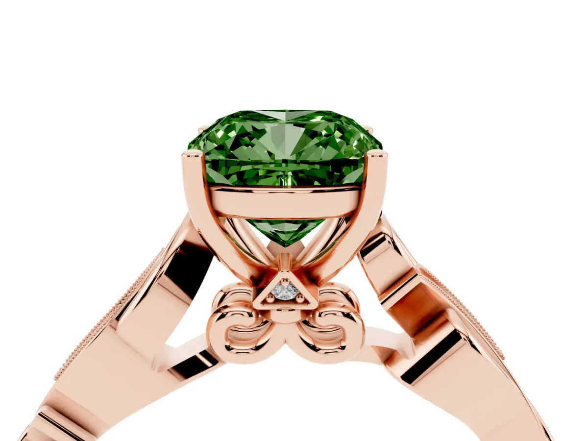Fancy Green Cushion Cut Solitaire Vine Band with Milgrain Prong Setting Rose gold