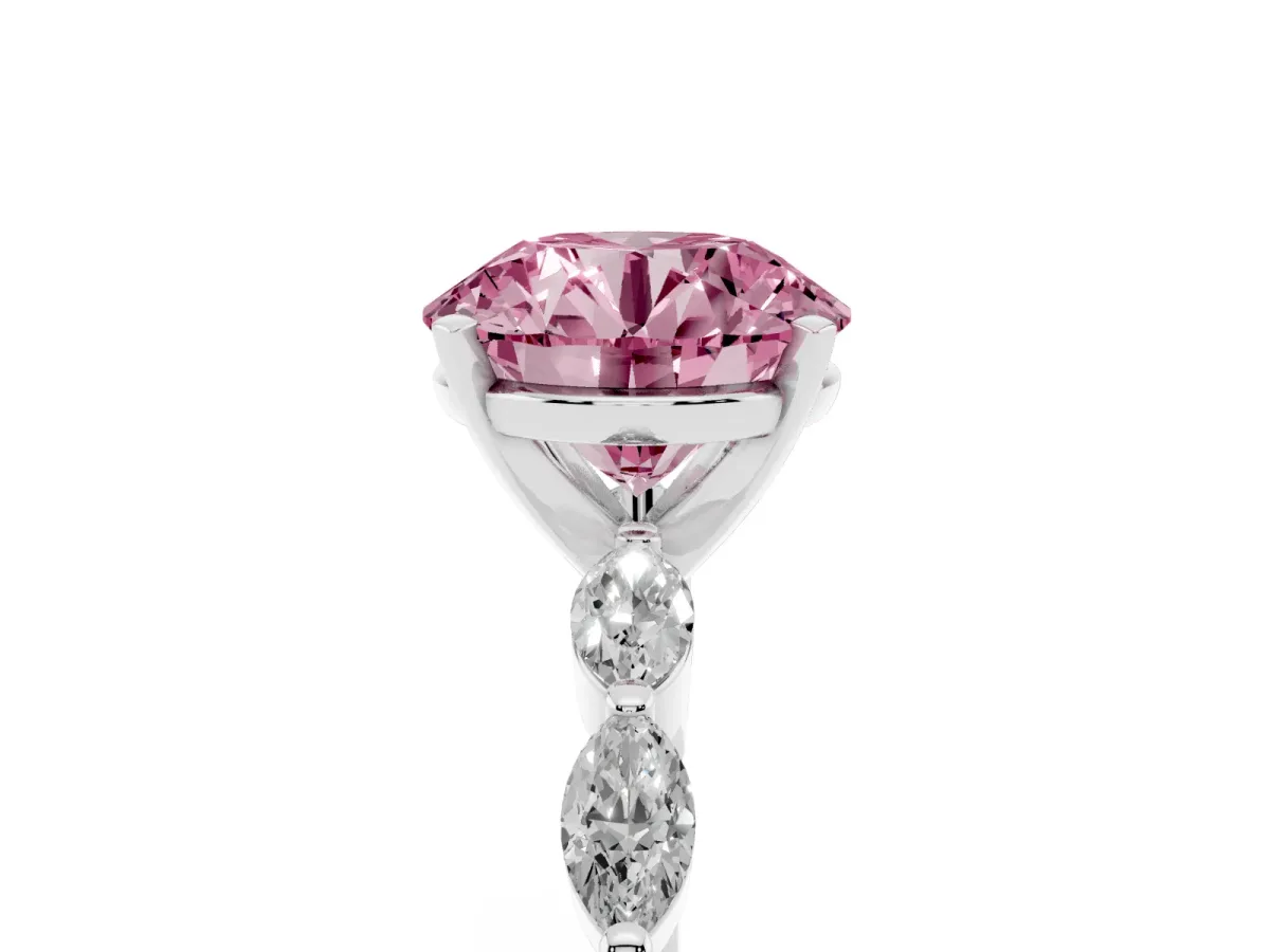 Fancy Pink Round Cut Diamond Ring with Marquise Side Stones and Prong Setting Silver