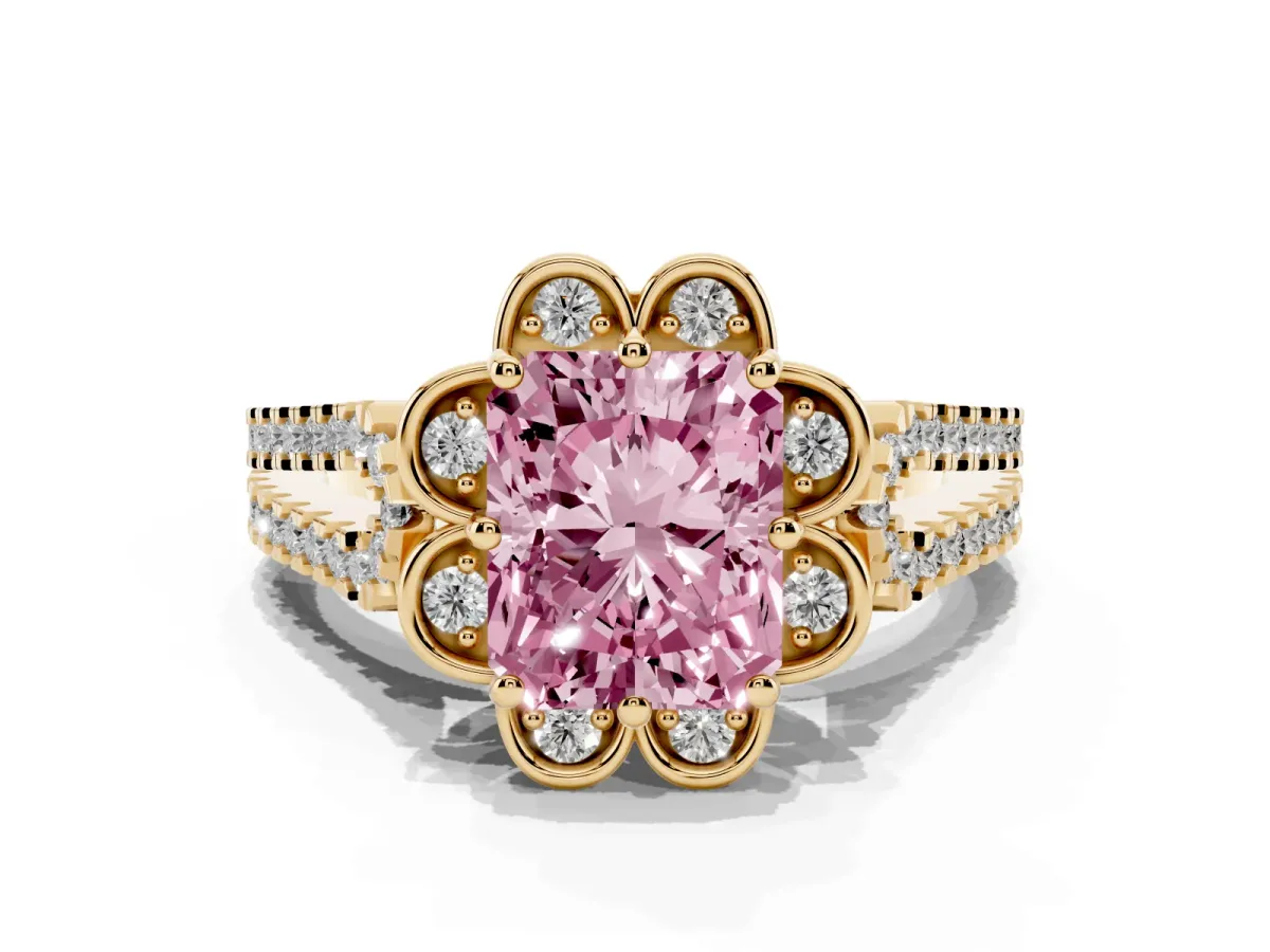 Fancy Pink Radiant Cut Halo Diamond Floral Split Shank Engagement Ring Yellow gold