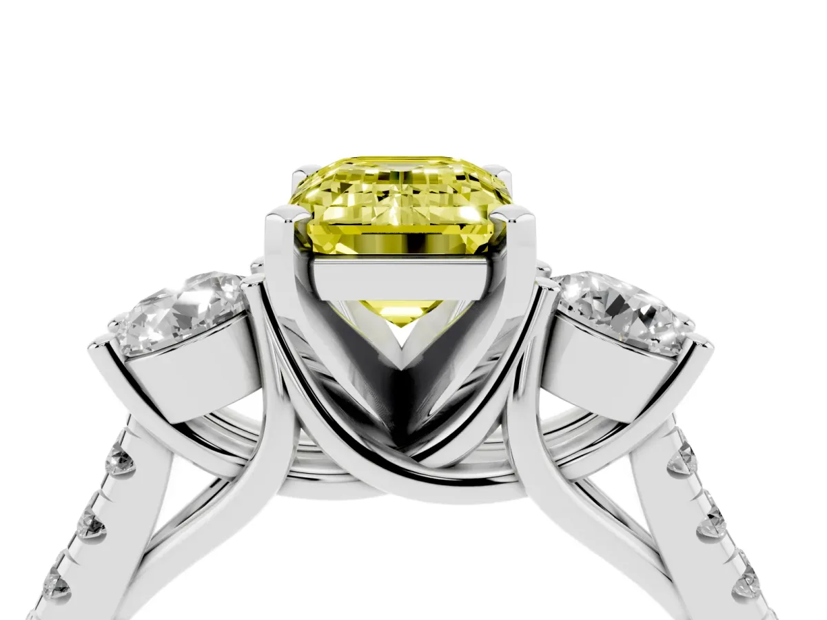 Fancy Yellow Three-Stone Emerald Cut Diamond Pavé Band with Four-Prong Setting Silver