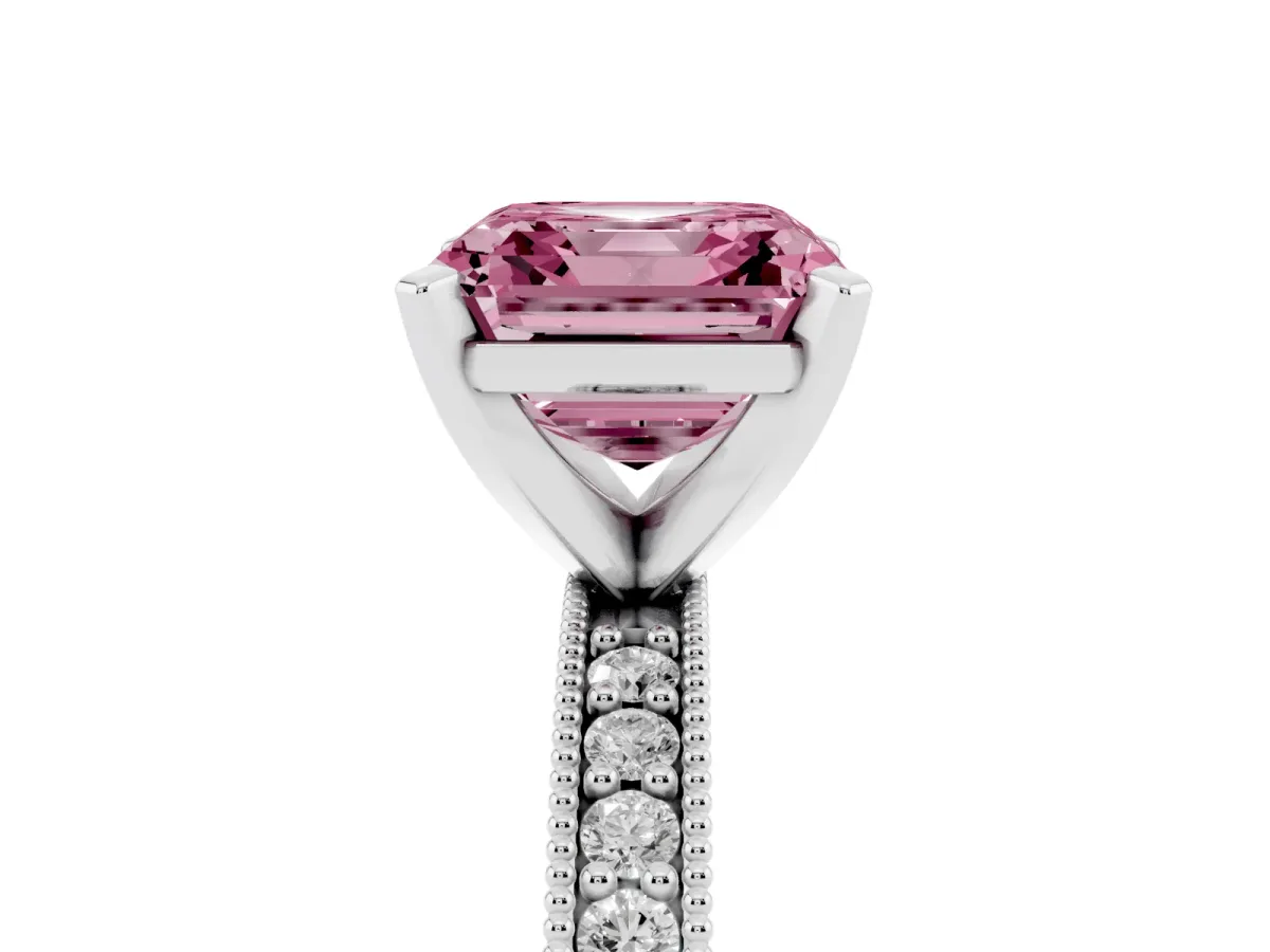 Fancy Pink Asscher Cut Diamond Milgrain Pavé Engagement Ring with Four-Prong Setting Silver