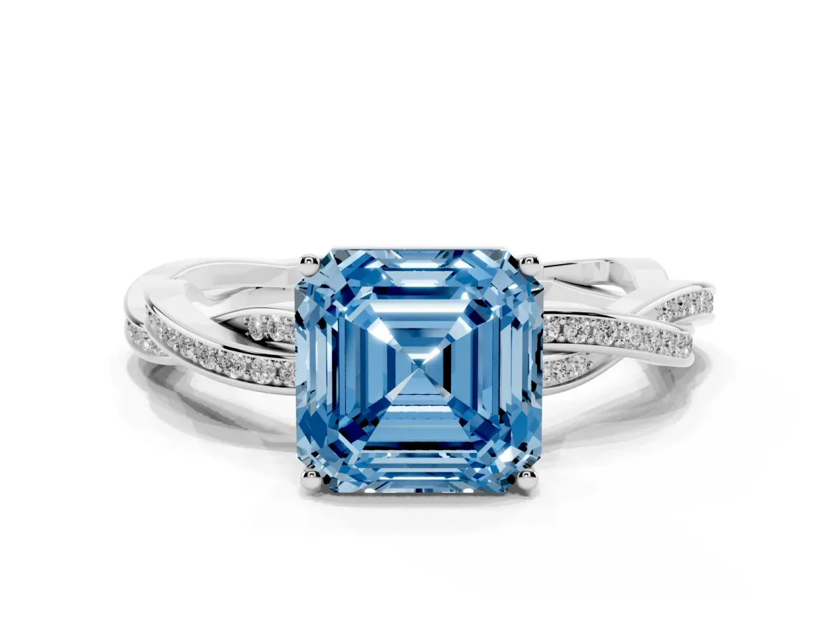 Fancy Blue Asscher Cut Solitaire Twisted Pave Diamond Ring with Four-Prong Setting Silver