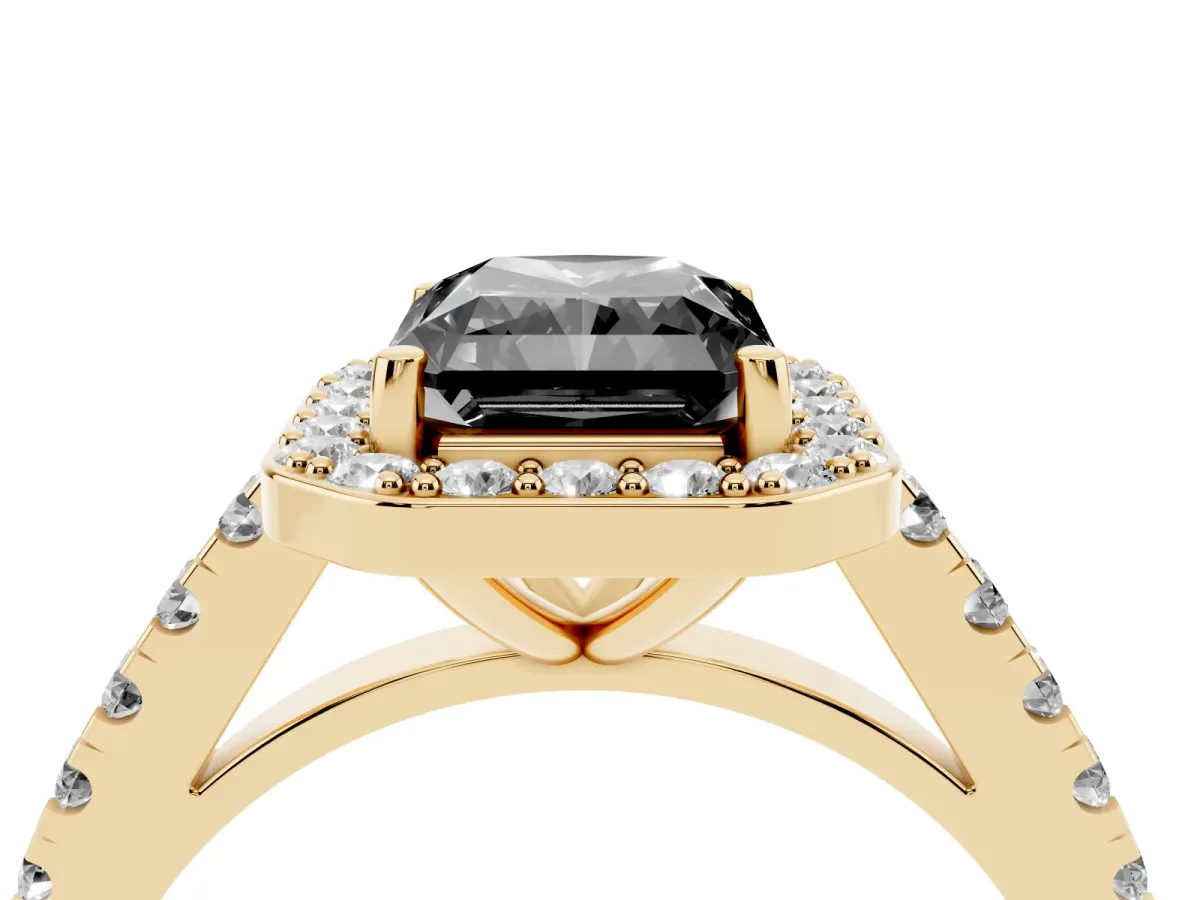 Fancy Black Radiant Cut Diamond Halo Ring with Round Pavé Split Shank and Prong Setting Yellow gold