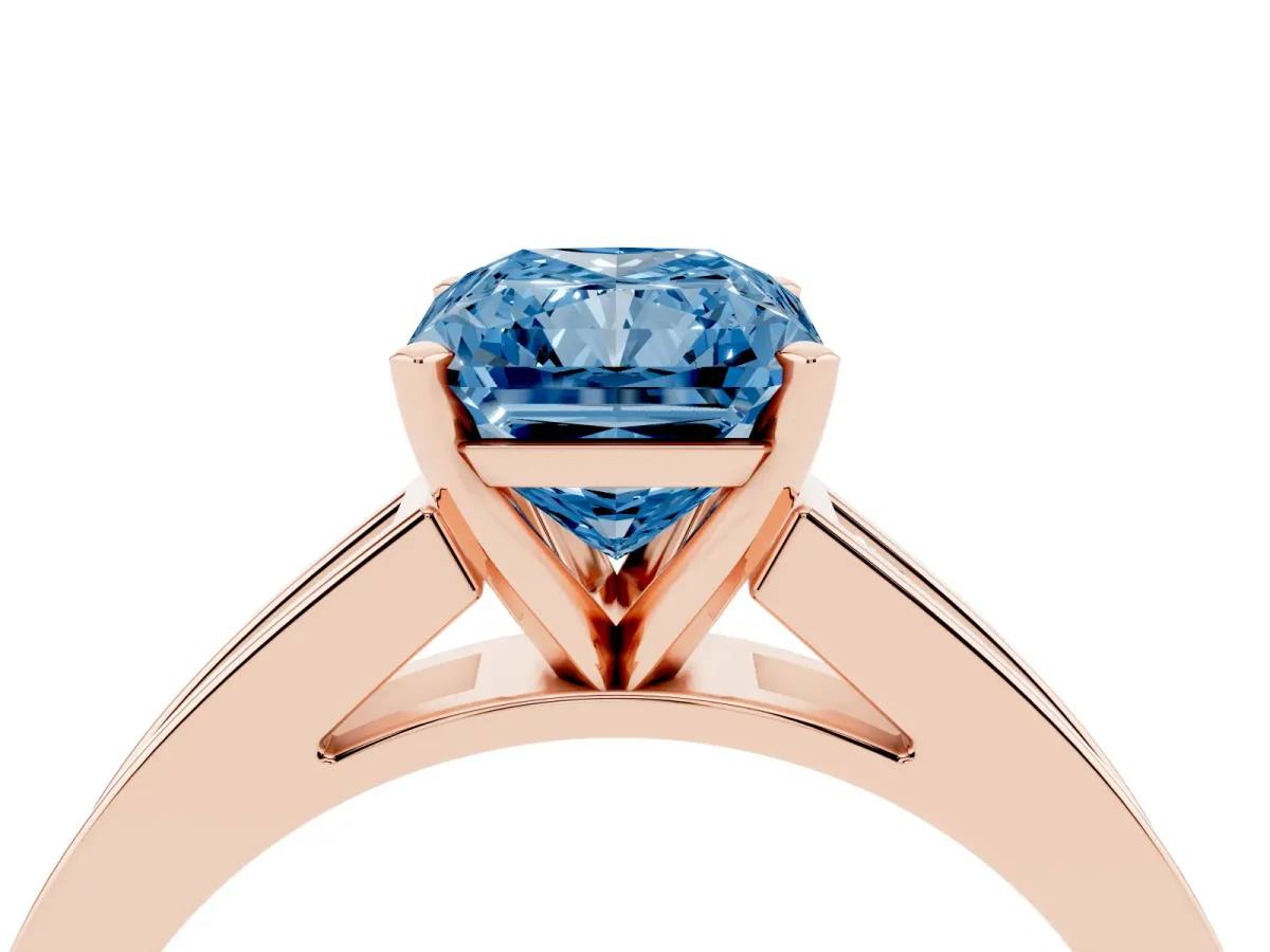 Fancy Blue Radiant Cut Solitaire Diamond Ring with Channel-Set Band and Four-Prong Setting Rose gold