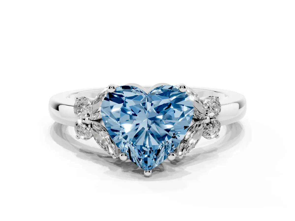 Fancy Blue Heart Cut Cut Solitaire Floral Diamond Ring with Four-Prong Setting Silver