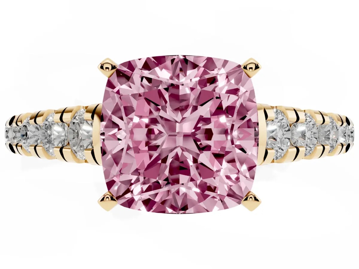 Fancy Pink Cushion Cut Diamond Cathedral Solitaire Ring with Round Pavé Band Yellow gold