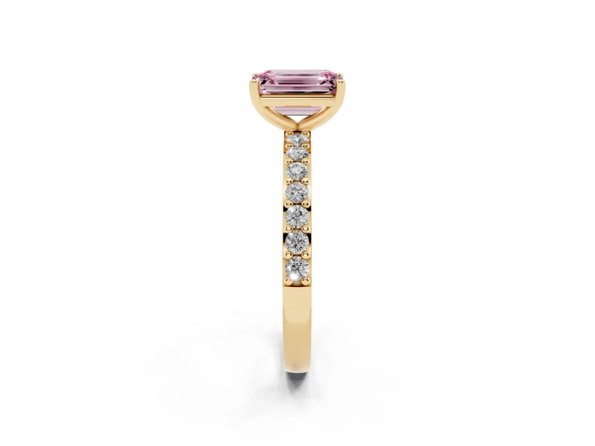 Fancy Pink Emerald Cut Cut Diamond Solitaire with Pave Band and Four-Prong Setting Yellow gold