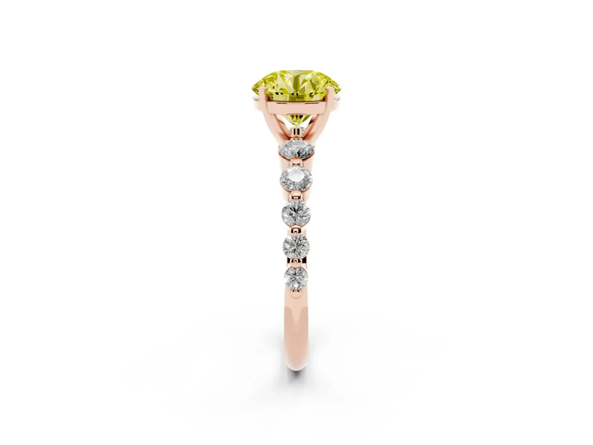 Fancy Yellow Round Cut Solitaire Diamond Ring with Pave Band and Four-Prong Setting Rose gold
