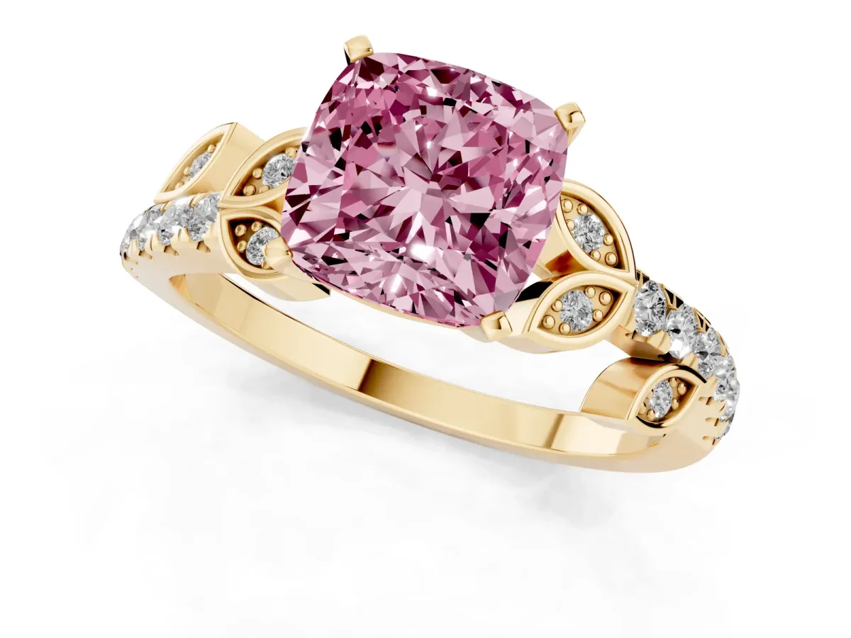 Fancy Pink Cushion Cut Solitaire Leaf-Inspired Diamond Ring with Pavé Band and Four-Prong Setting Yellow gold