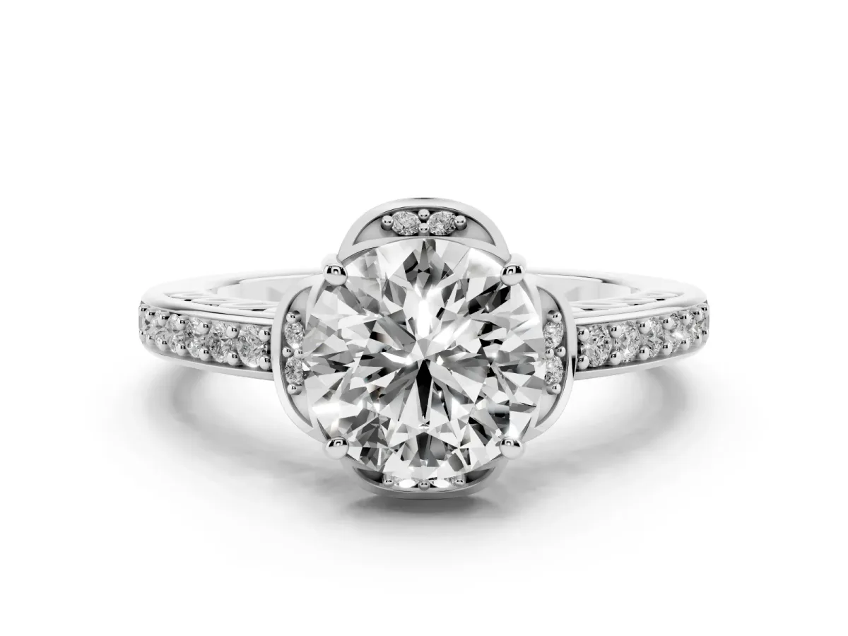Round Cut Cut Halo Diamond Ring with Channel Set Band and Four-Prong Setting Silver