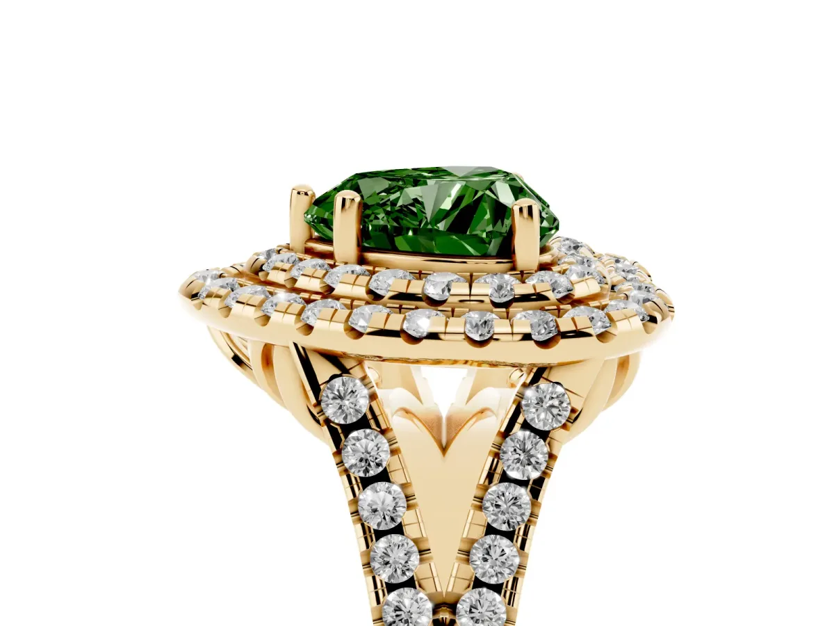 Fancy Green Double Halo Heart Cut Diamond Pavé Split Shank Ring with Prong Setting Yellow gold