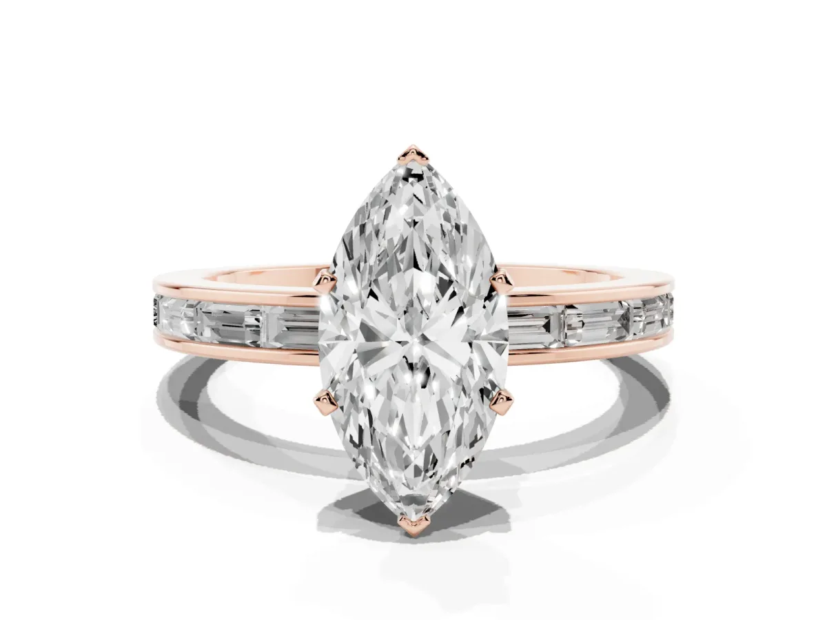 Marquise Cut Solitaire Diamond Ring with Channel-Set Baguette Band and Four-Prong Setting Rose gold