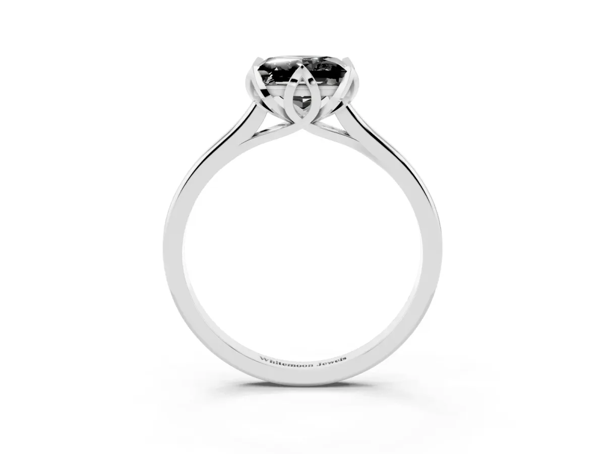 Fancy Black Princess Cut Diamond Solitaire Ring with Flower Prong Setting and Classic Band Silver