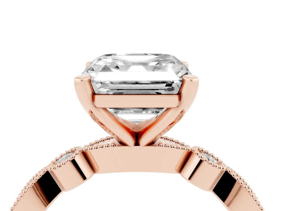Asscher Cut Milgrain Bezel Diamond Engagement Ring with Solitaire Prong Setting Rose gold
