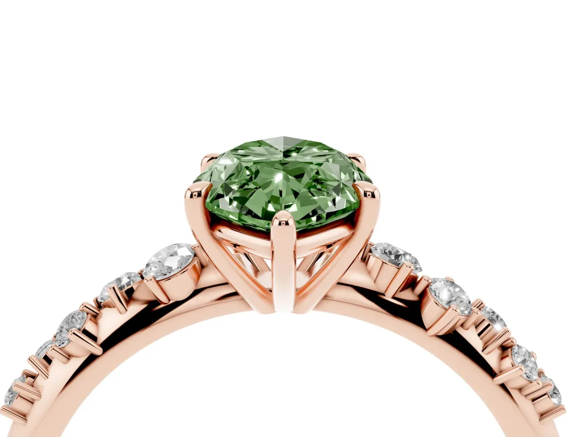 Fancy Green Marquise Cut Diamond Cluster Side Stone Solitaire Ring with Prong Setting Rose gold