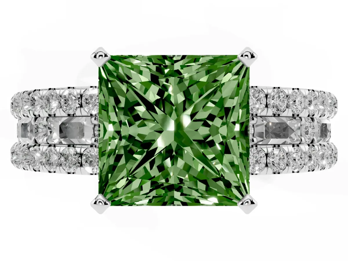 Fancy Green Princess Cut Diamond Solitaire Ring with Pavé and Channel Set Band Platinum
