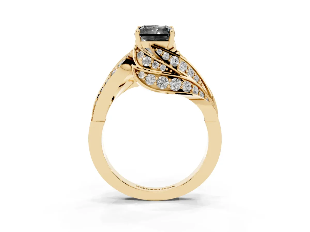 Fancy Black Radiant Cut Diamond Solitaire Ring with Prong Setting and Twisted Pavé Band Yellow gold