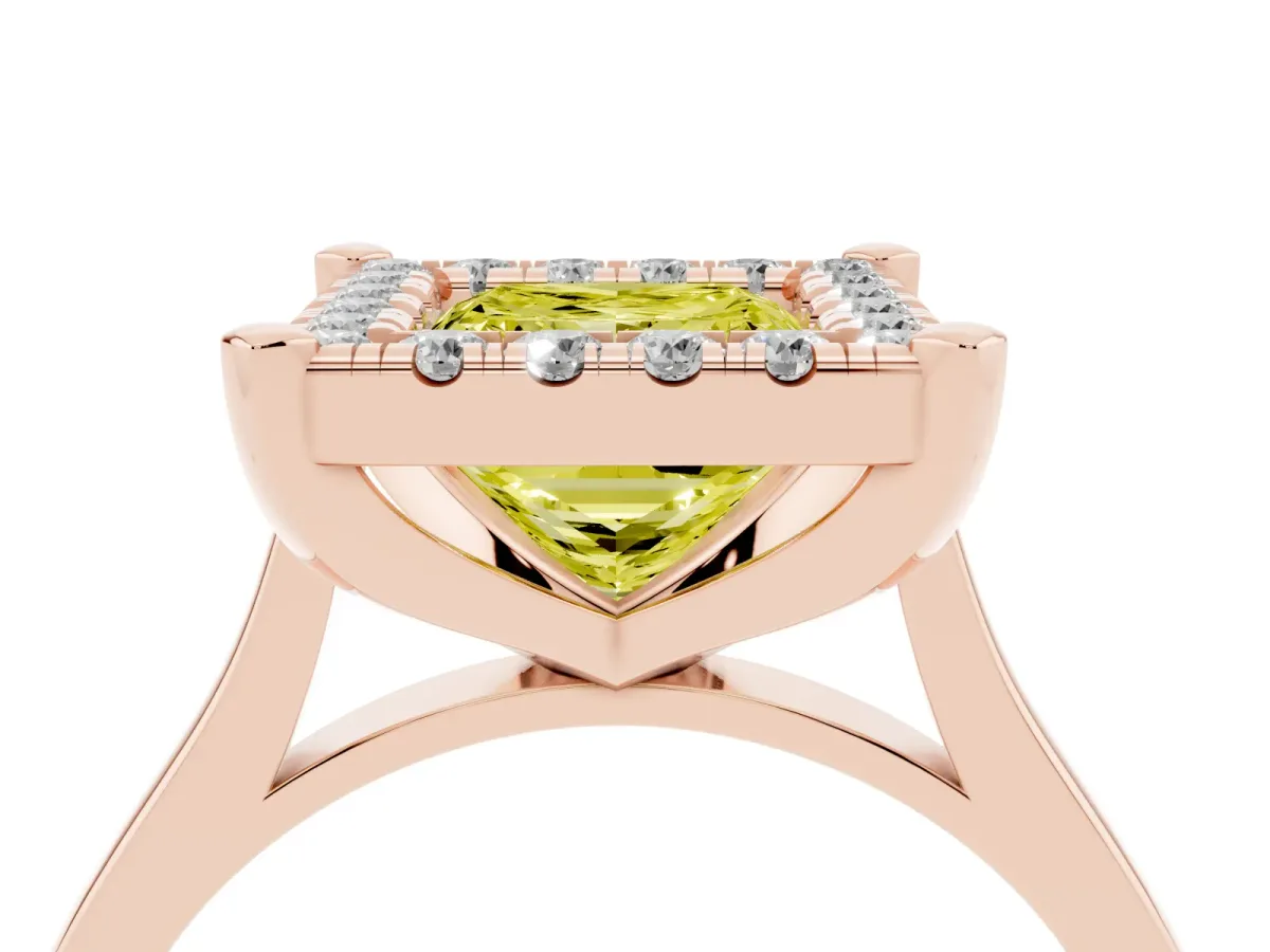 Fancy Yellow Princess Cut Diamond Cluster Halo Solitaire with Four-Prong Setting Rose gold