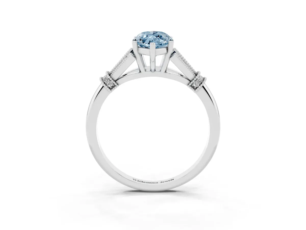 Fancy Blue Marquise Cut Diamond Solitaire Ring with Floral Filigree and Pave Accents Silver