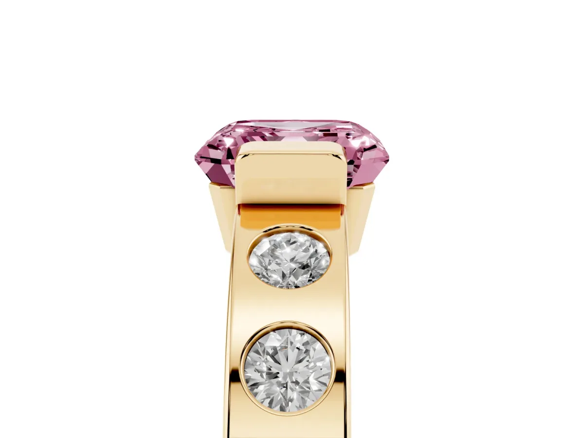 Fancy Pink Asscher Cut Brilliant Channel-Set Diamond Ring with Bezel Prong Setting Yellow gold