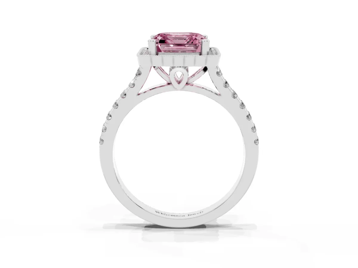 Fancy Pink Asscher Cut Cut Diamond Milgrain Floral Halo Engagement Ring with Pavé Band Silver