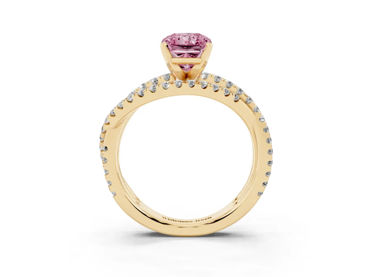 Fancy Pink Radiant Cut Solitaire Twist Band with Pavé Setting and Four-Prong Setting Yellow gold
