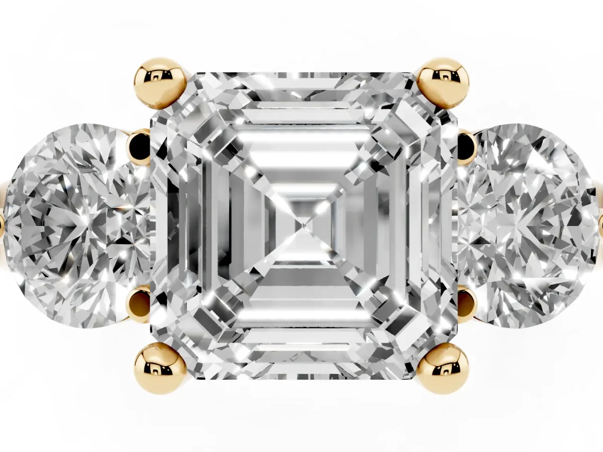 Three-Stone Asscher Cut Brilliant Cut Solitaire Ring with Prong Setting on a Classic Band Yellow gold