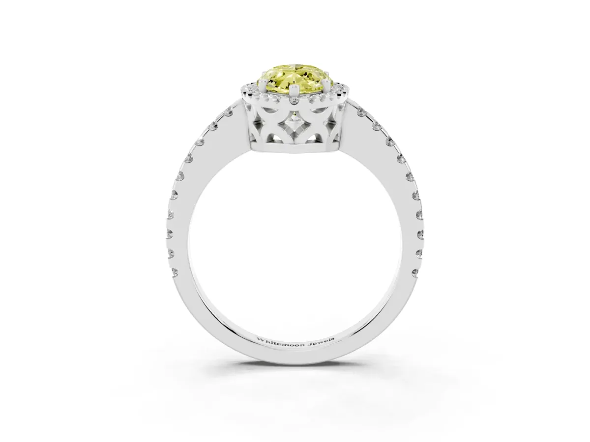 Fancy Yellow Marquise Cut Diamond Halo Engagement Ring with Pavé Band and Prong Setting White gold