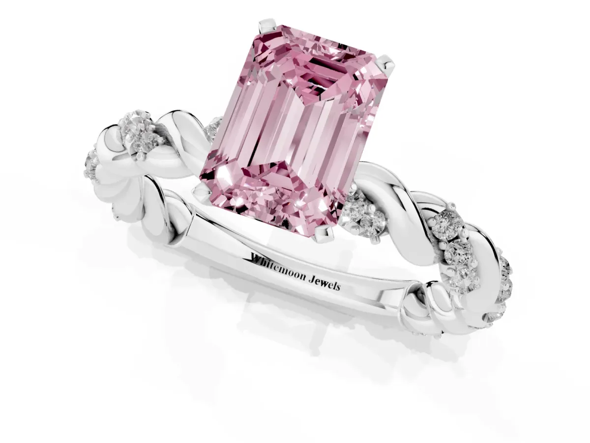 Fancy Pink Emerald Cut Diamond Solitaire Ring with Twisted Band and Pavé Accents Platinum