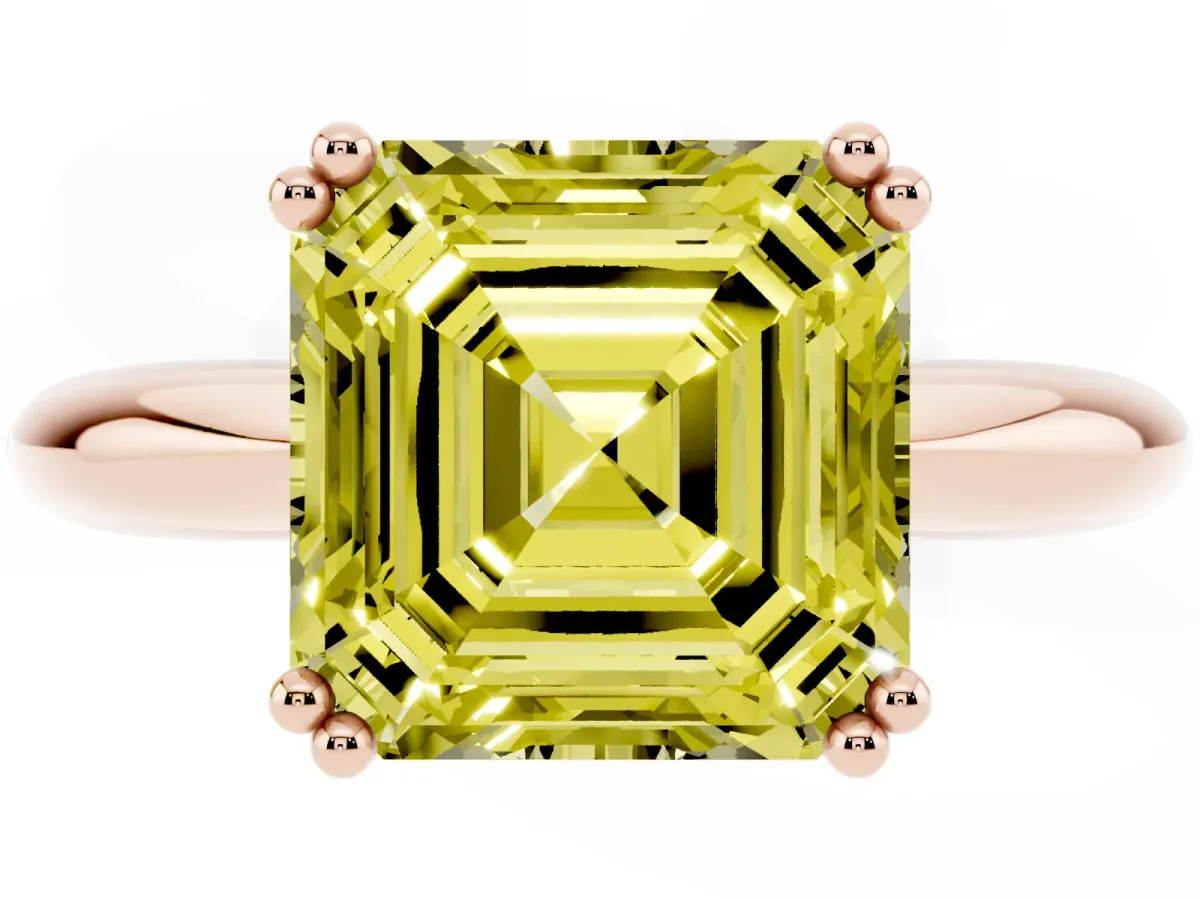Fancy Yellow Asscher Cut Cut Solitaire Engagement Ring with Tapered Band and Four-Prong Setting Rose gold