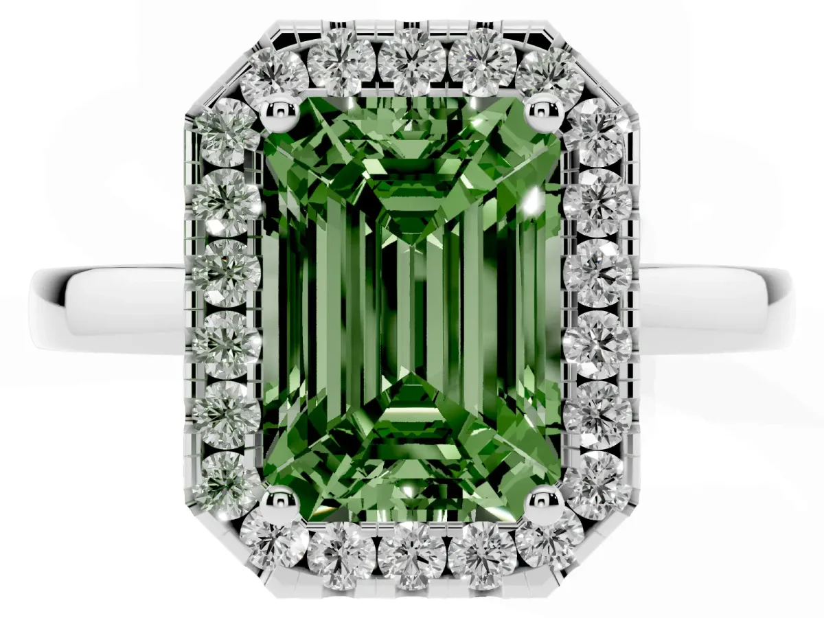 Fancy Green Emerald Cut Halo Diamond Solitaire with Pavé Band and Four-Prong Setting Platinum