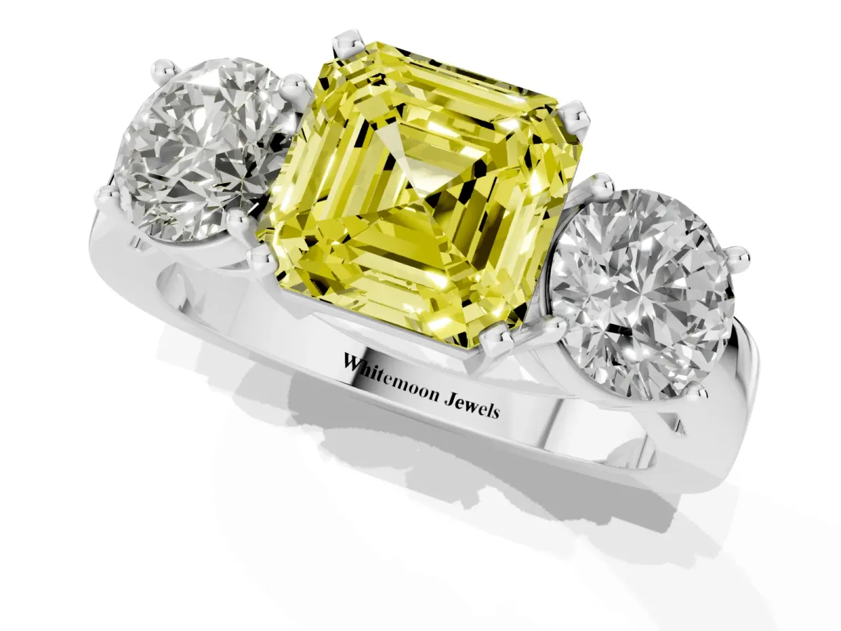 Fancy Yellow Three-Stone Asscher Cut Diamond Ring with Round Side Stones, Classic Band, and Four-Prong Setting White gold