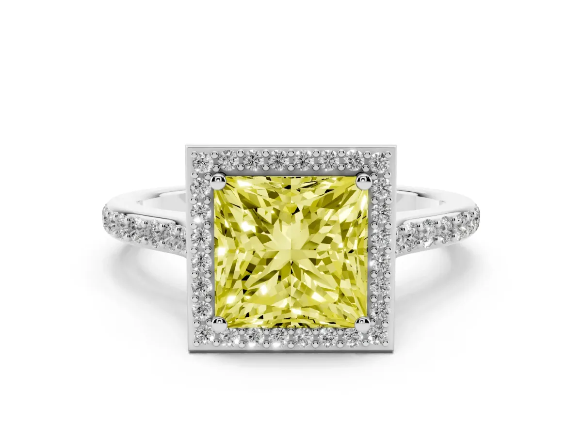 Fancy Yellow Princess Cut Diamond Halo Engagement Ring with Round Pavé Shoulders and Prong Setting Platinum