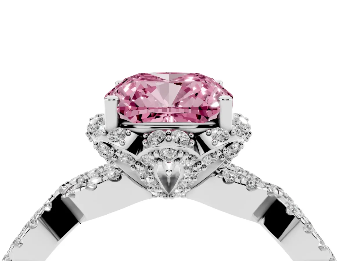 Fancy Pink Cushion Cut Halo Twist Band Solitaire Ring with Six-Prong Setting White gold