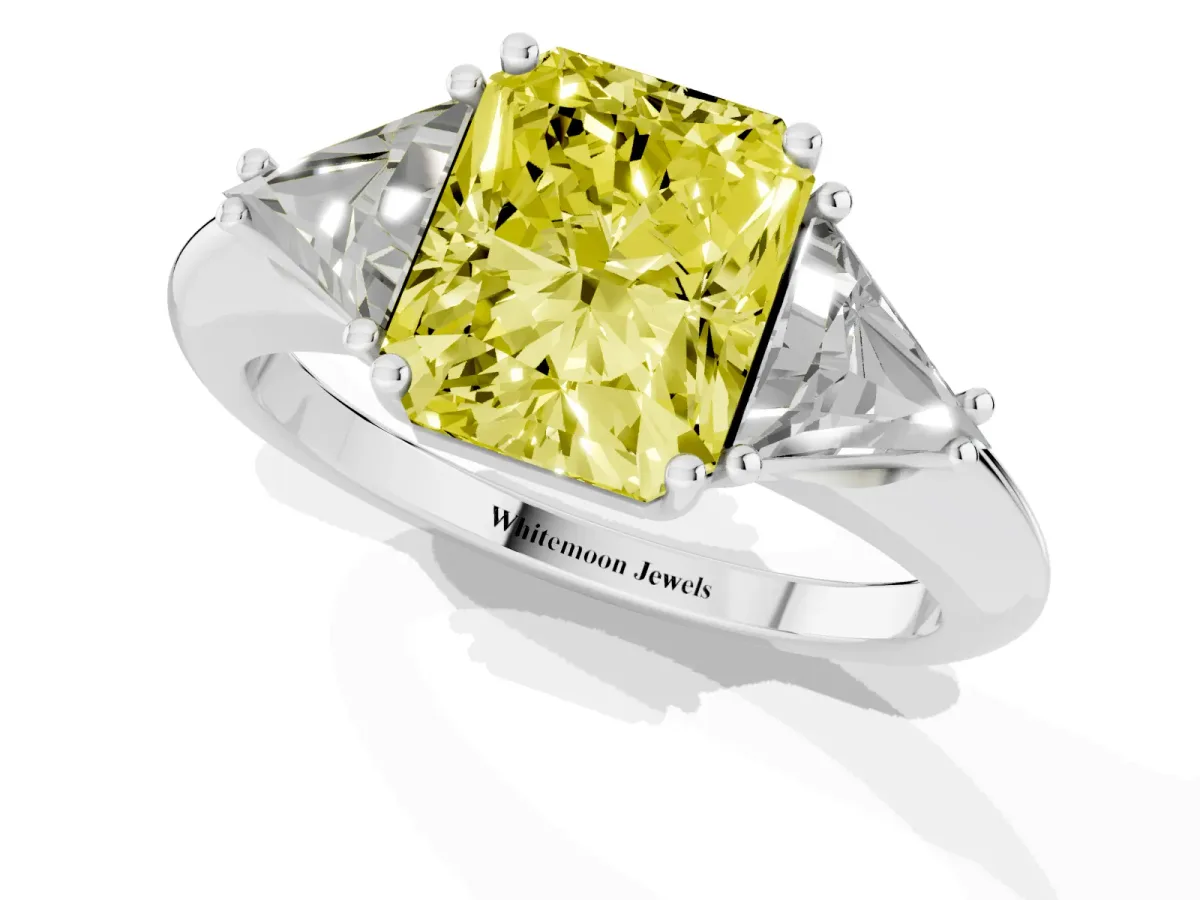 Fancy Yellow Three-Stone Radiant Cut Diamond Engagement Ring with Trillion Side Stones and Prong Setting White gold