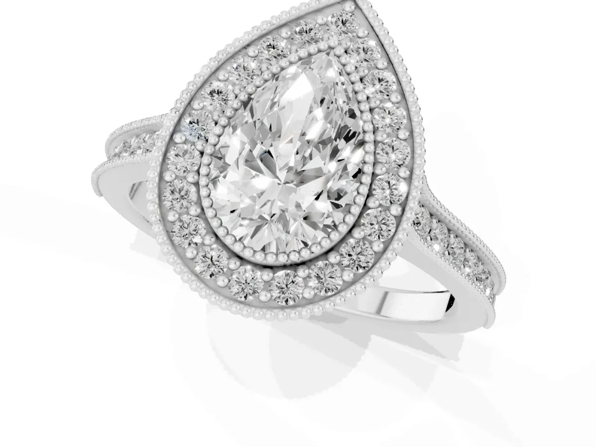 Halo Pear Cut-Cut Diamond Pave Band Milgrain Prong Setting Ring Silver