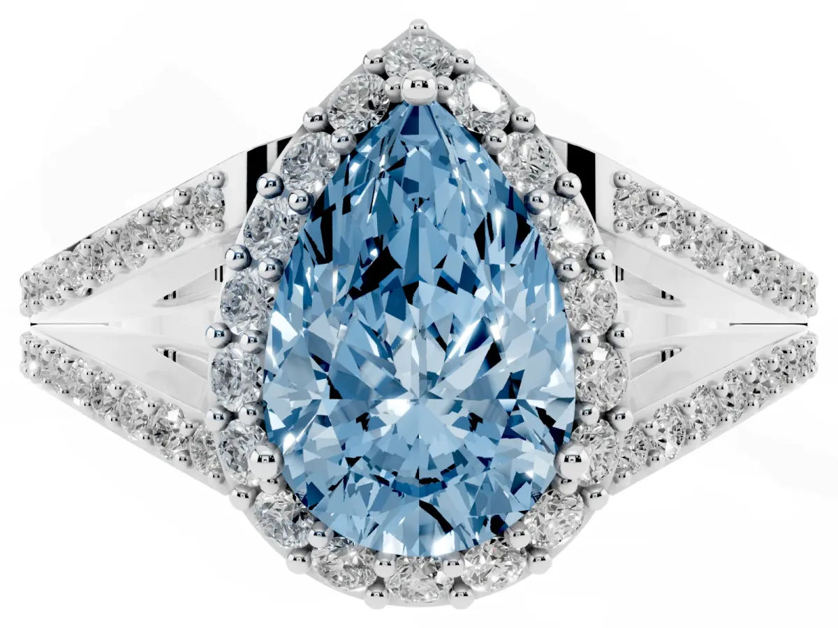 Fancy Blue Pear Cut Halo Split Shank Pave Diamond Ring with Four-Prong Setting Platinum