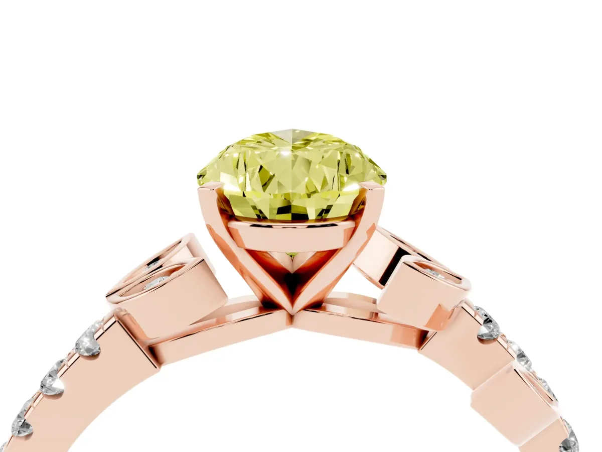 Fancy Yellow Pear Cut Solitaire Leaf-Inspired Diamond Ring with Pavé Band and Four-Prong Setting Rose gold