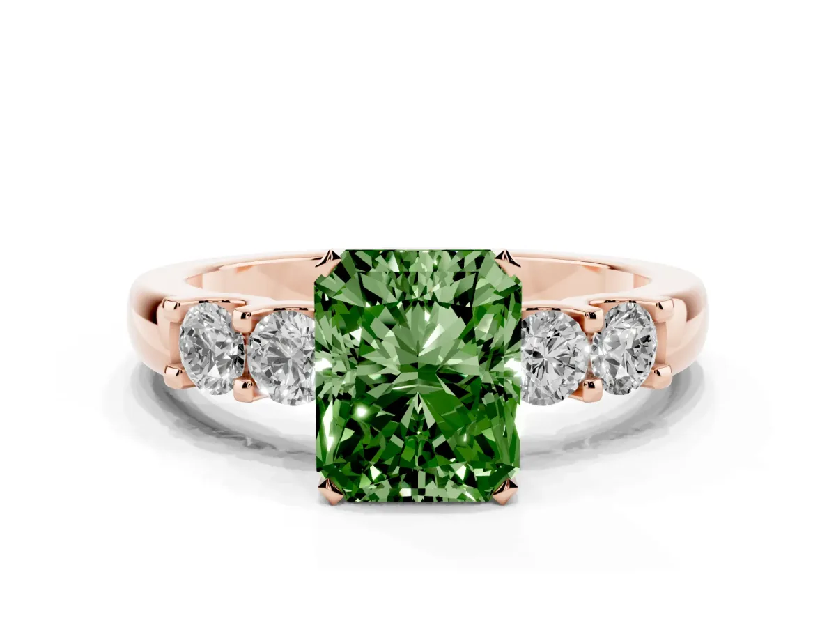 Fancy Green Radiant Cut Brilliant Cut Diamond Five-Stone Prong Set Engagement Ring with Channel Band Rose gold