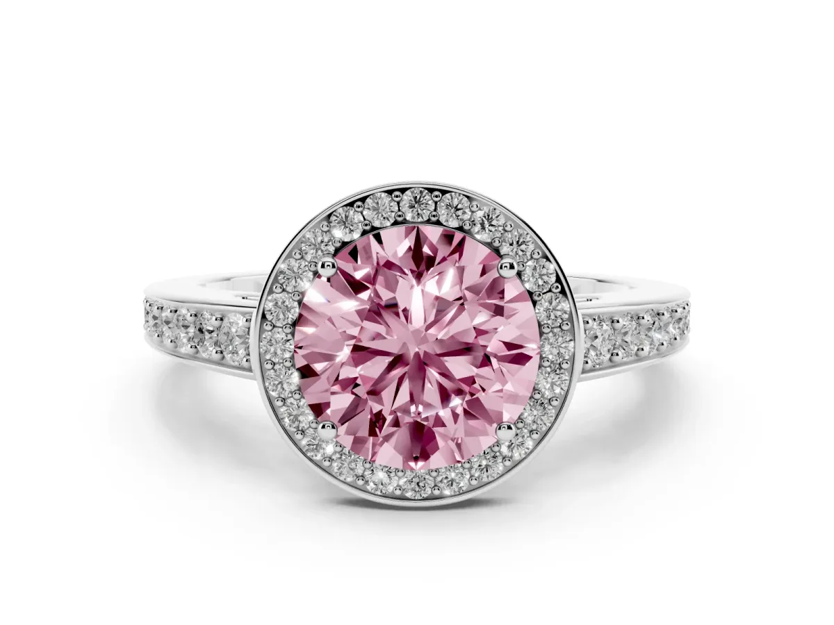 Fancy Pink Round Cut Halo Pavé Diamond Engagement Ring with Bezel Setting Silver