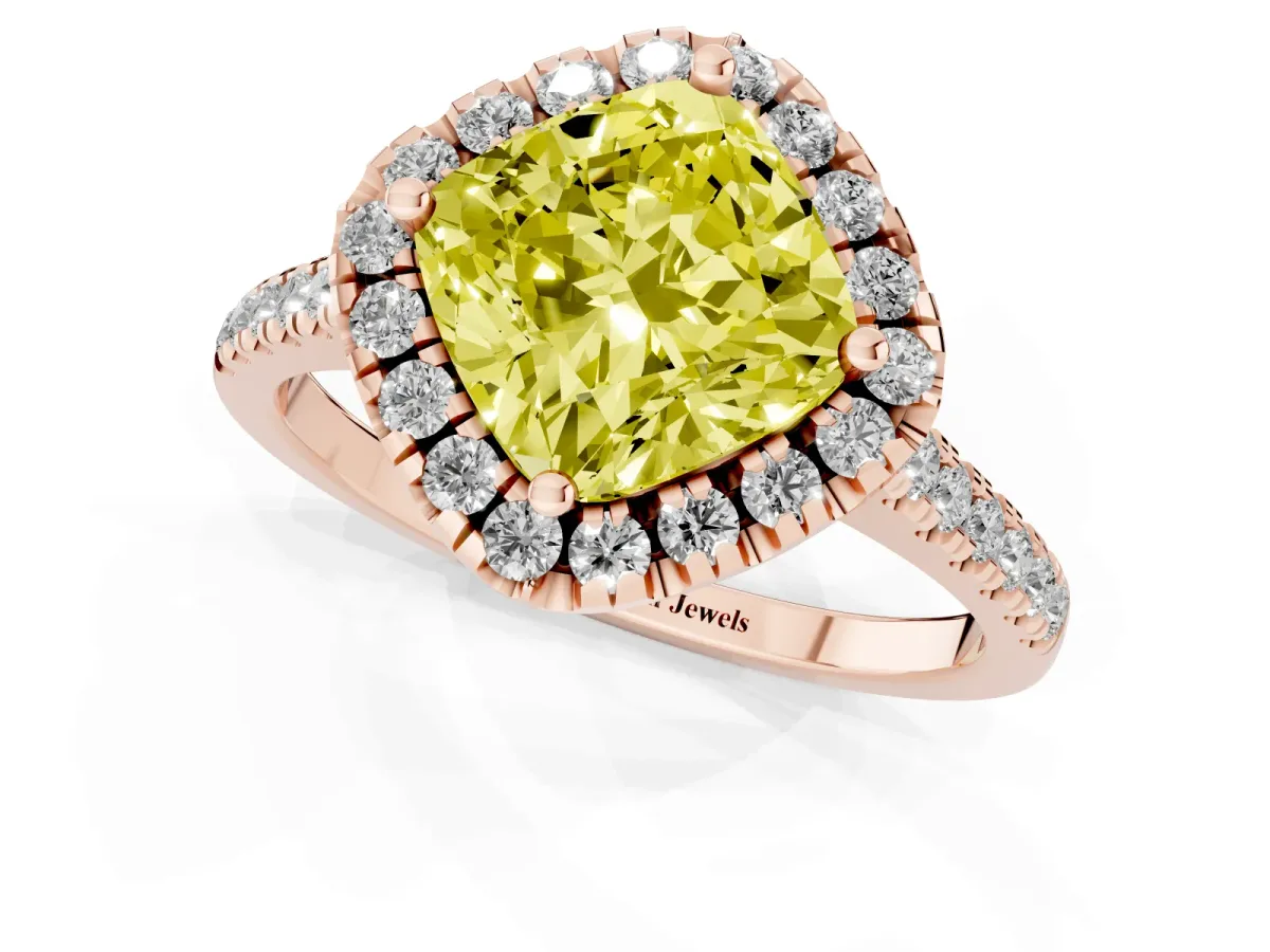 Fancy Yellow Cushion Cut Diamond Cushion Halo Ring with Pavé Band Rose gold