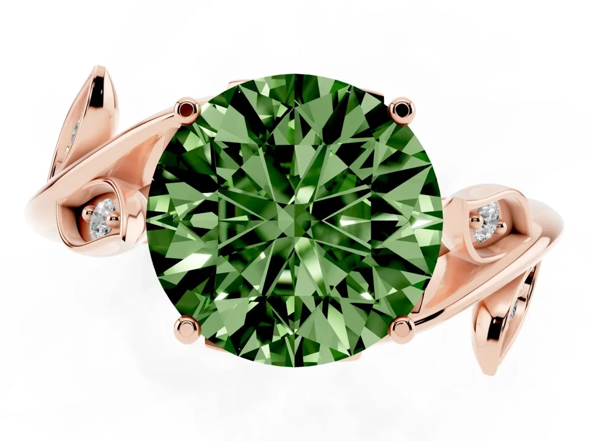 Fancy Green Round Cut Solitaire Twist Engagement Ring with Leaf Accents and Prong Setting Rose gold