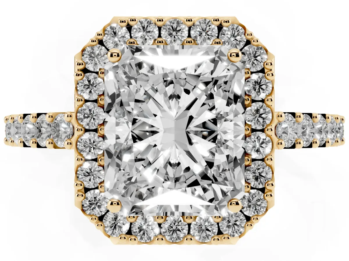 Radiant Cut Halo Diamond Pavé Solitaire Ring Yellow gold