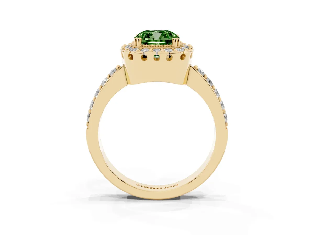 Fancy Green Cushion Cut Diamond Halo Ring with Pavé Band and Prong Setting Yellow gold