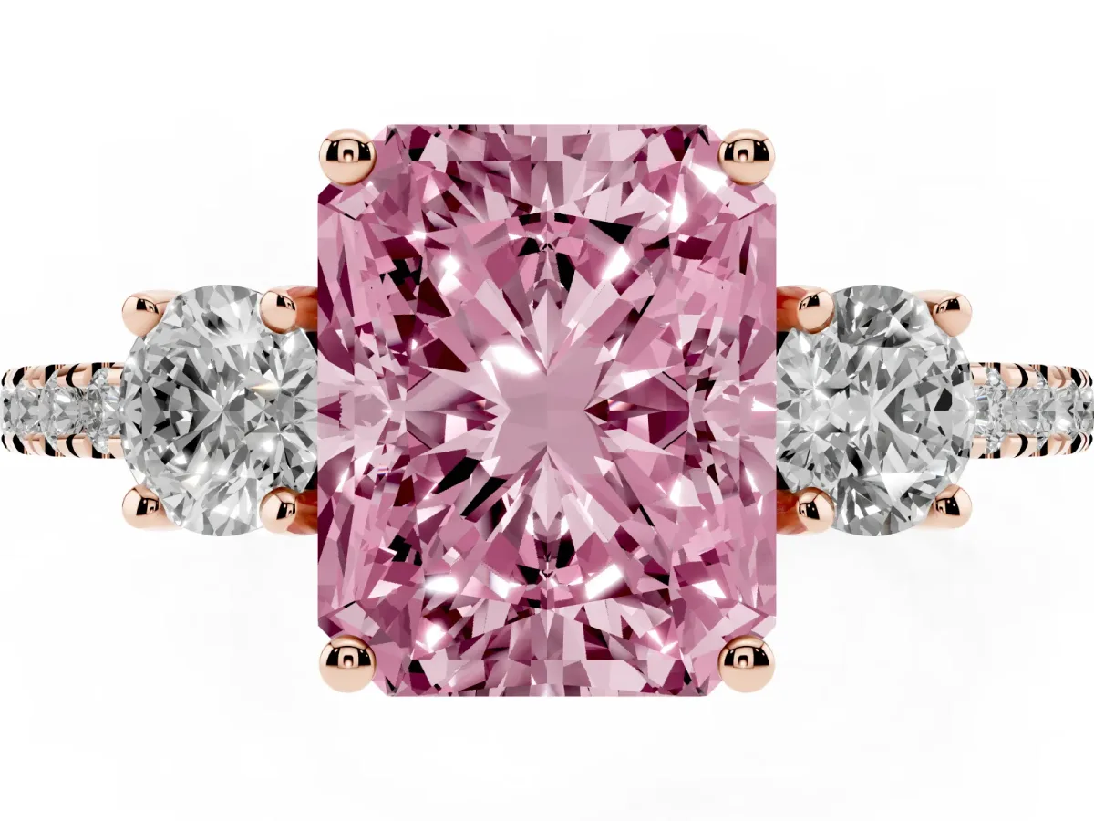 Fancy Pink Three-Stone Radiant Cut Cut Diamond Pavé Band with Prong Setting Rose gold