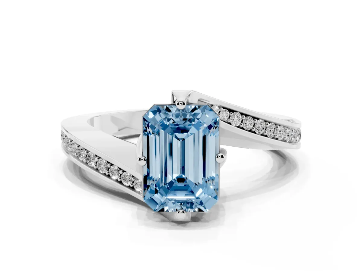 Fancy Blue Emerald Cut Solitaire Diamond Twist Band with Pavé Setting and Four-Prong Setting Silver